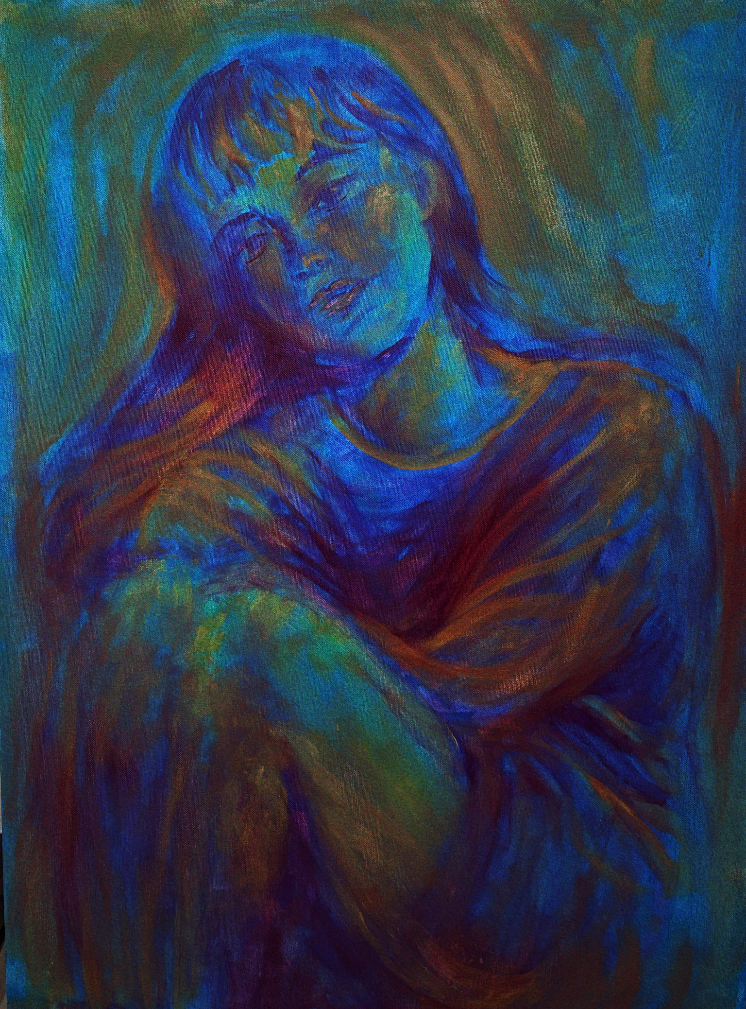 Portrait assis aux dominantes bleues