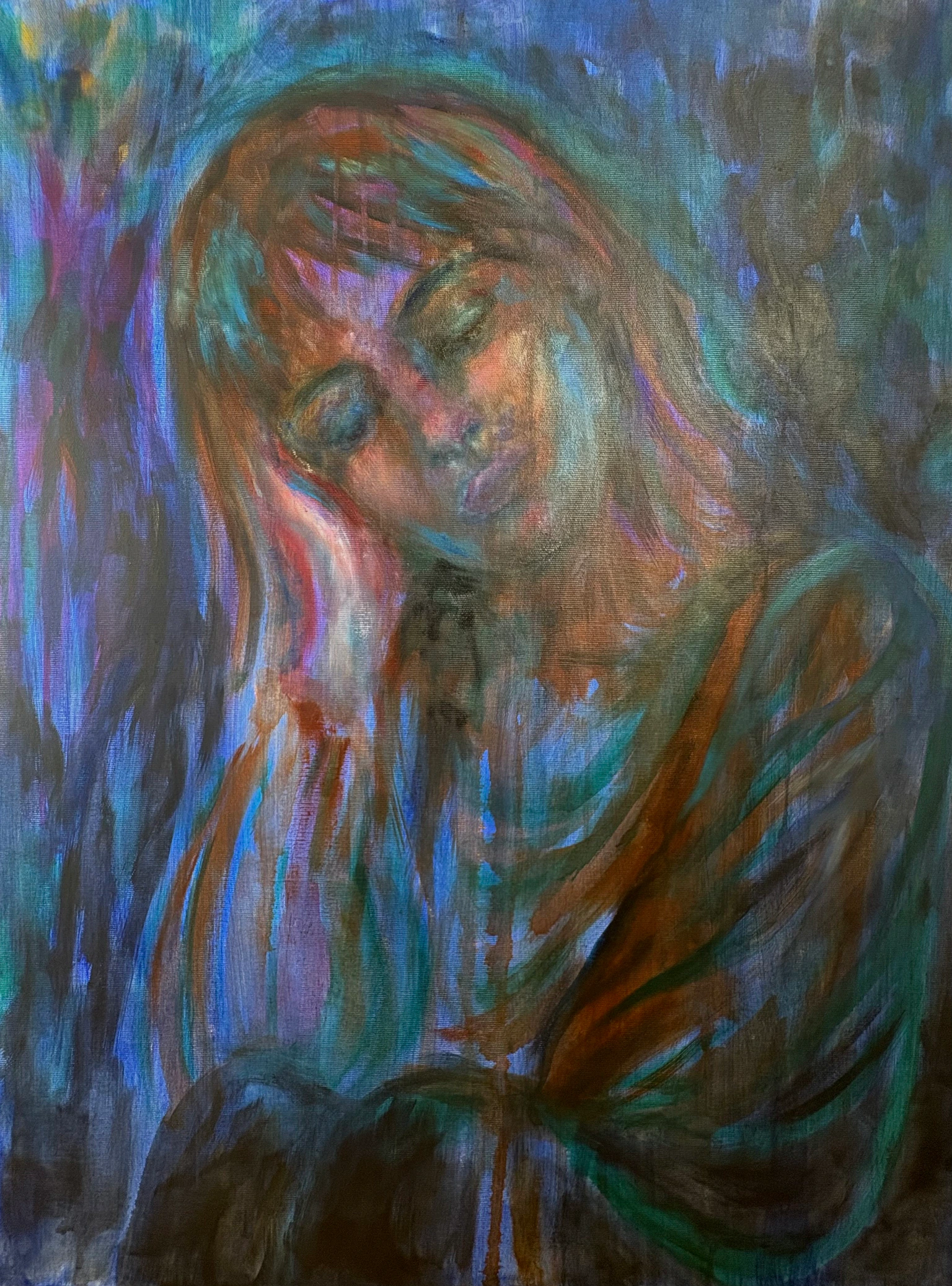 Portrait penché aux couleurs bleues et ocre