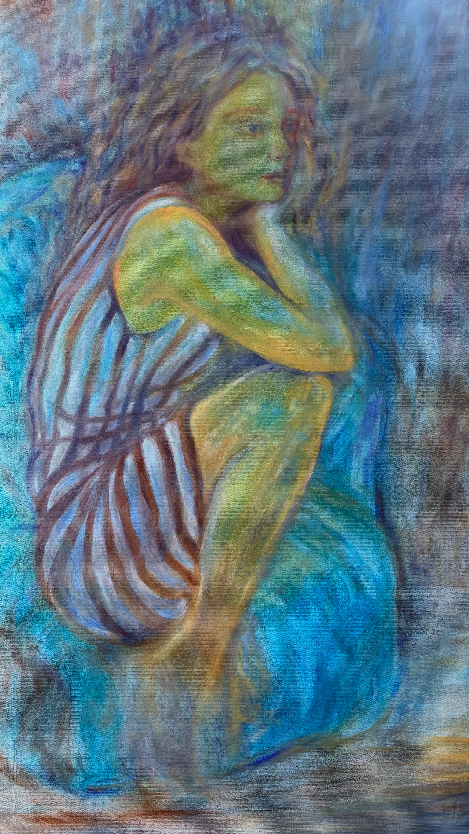Figure de profil aux tons verts et bleus