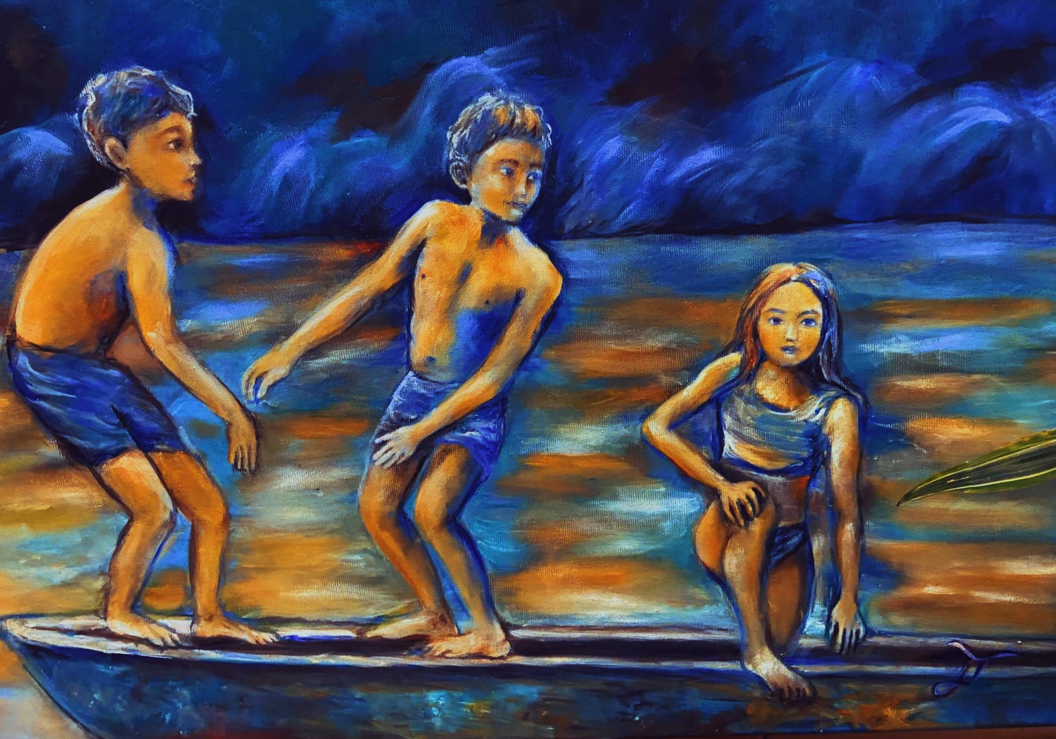 Trois enfants sur une rive sous un ciel bleu